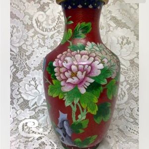 Vintage, Beautiful, Large 10.5in x 4.5in Red Floral Cloissone’  Vase